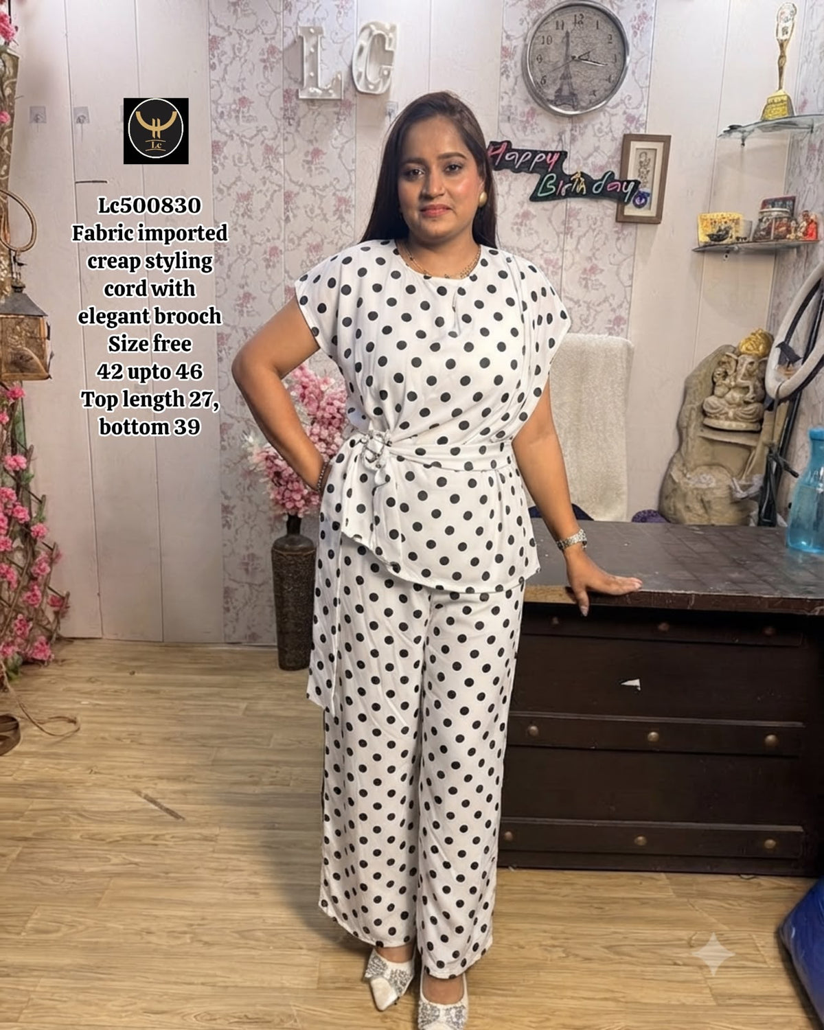 Polka Dot Imported Crepe Styling Co-Ord Set with Brooch 