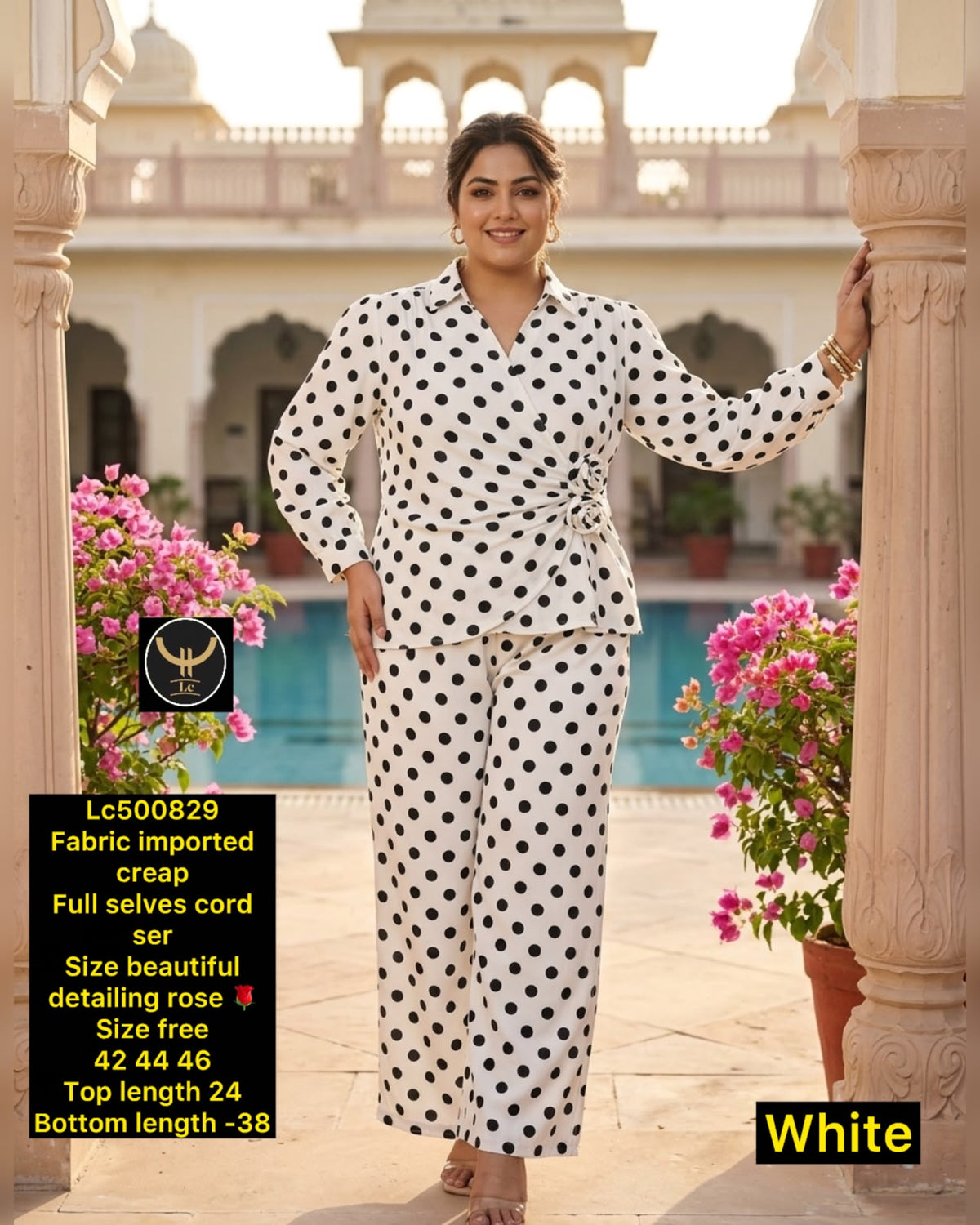 Chic Polka Dot Imported Crepe Co-Ord Set with Rose Detailing 
