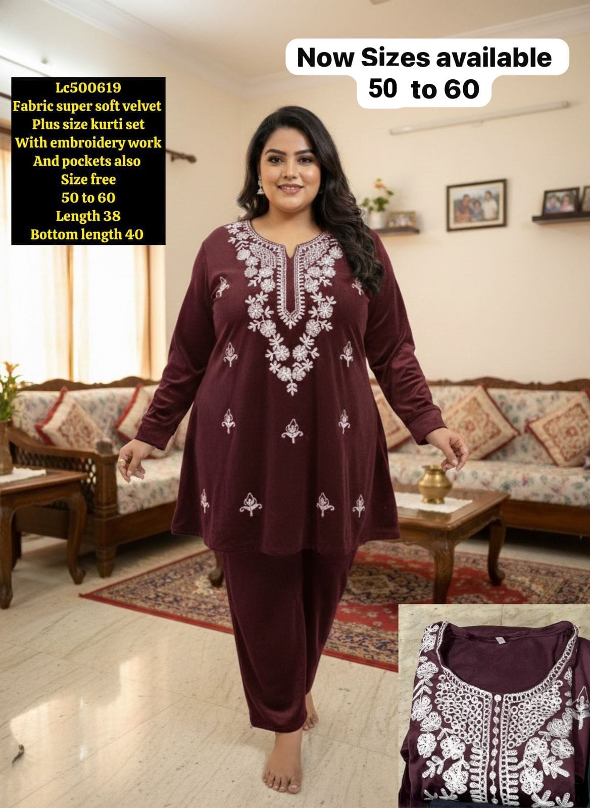 super soft velvet Kurti set With embroidery work