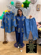 Women Cotton Denim Floral Cutwork Co-ord Set