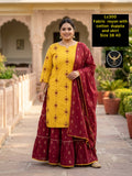 Yellow & Maroon Rayon Kurta with Tiered Skirt & Cotton Dupatta Set (3-Piece)