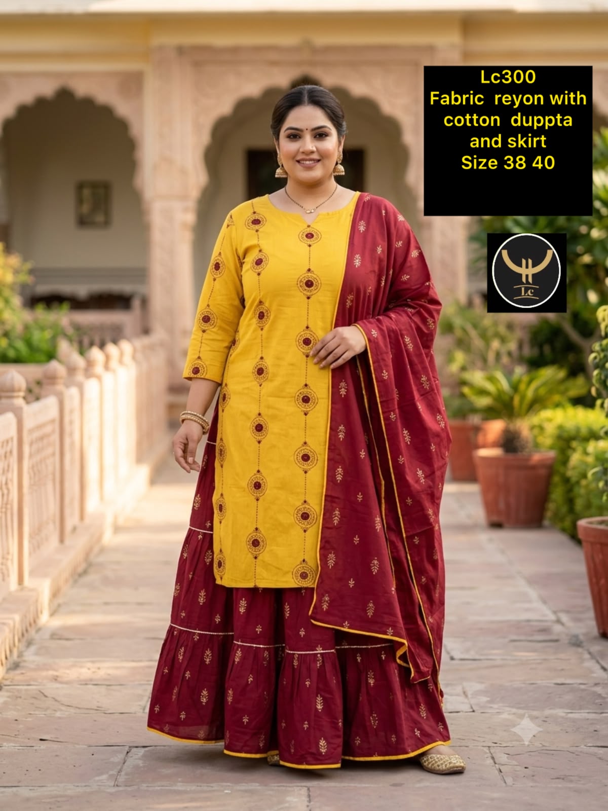 Yellow & Maroon Rayon Kurta with Tiered Skirt & Cotton Dupatta Set (3-Piece)
