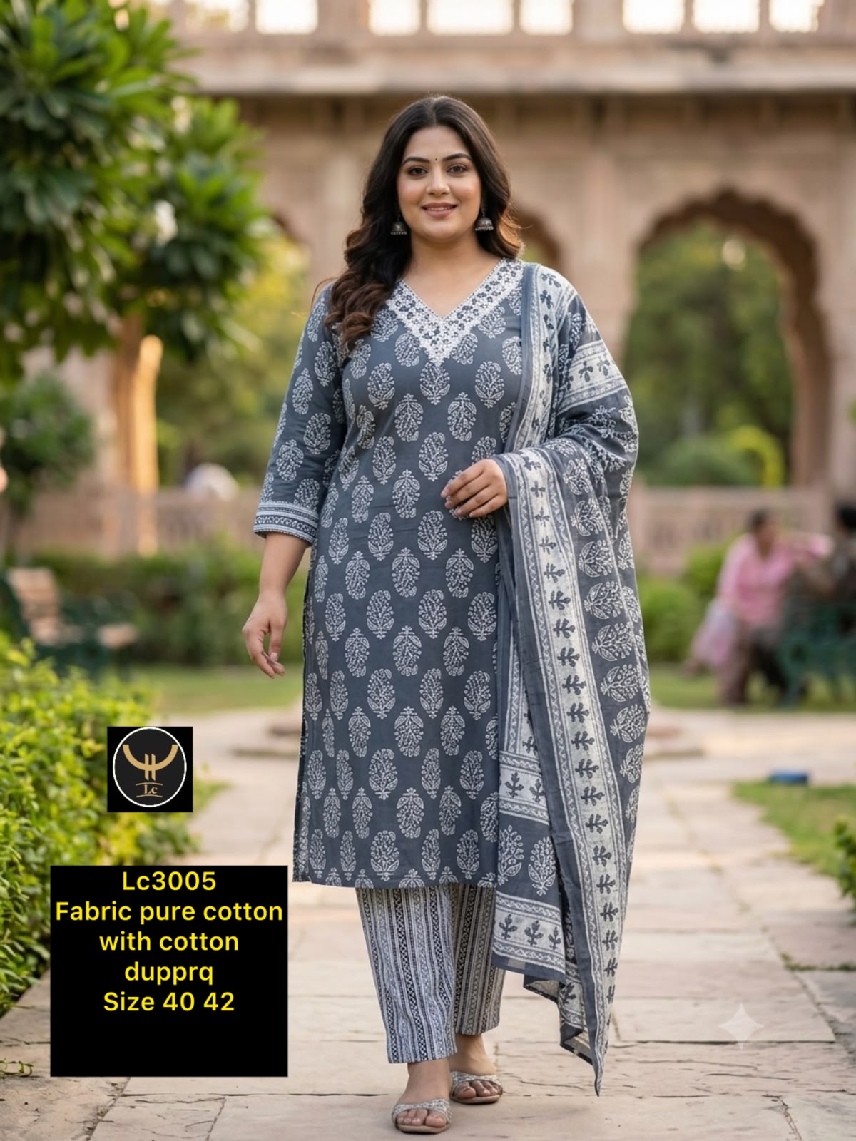 Grey Pure Cotton Floral Kurta Set with Dupatta