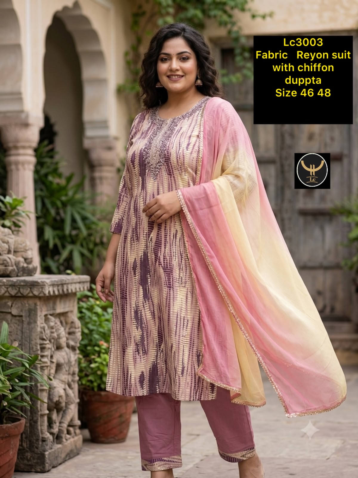 Lavender & Pink Printed Rayon Kurta Pant Set with Chiffon Dupatta (3-Piece)