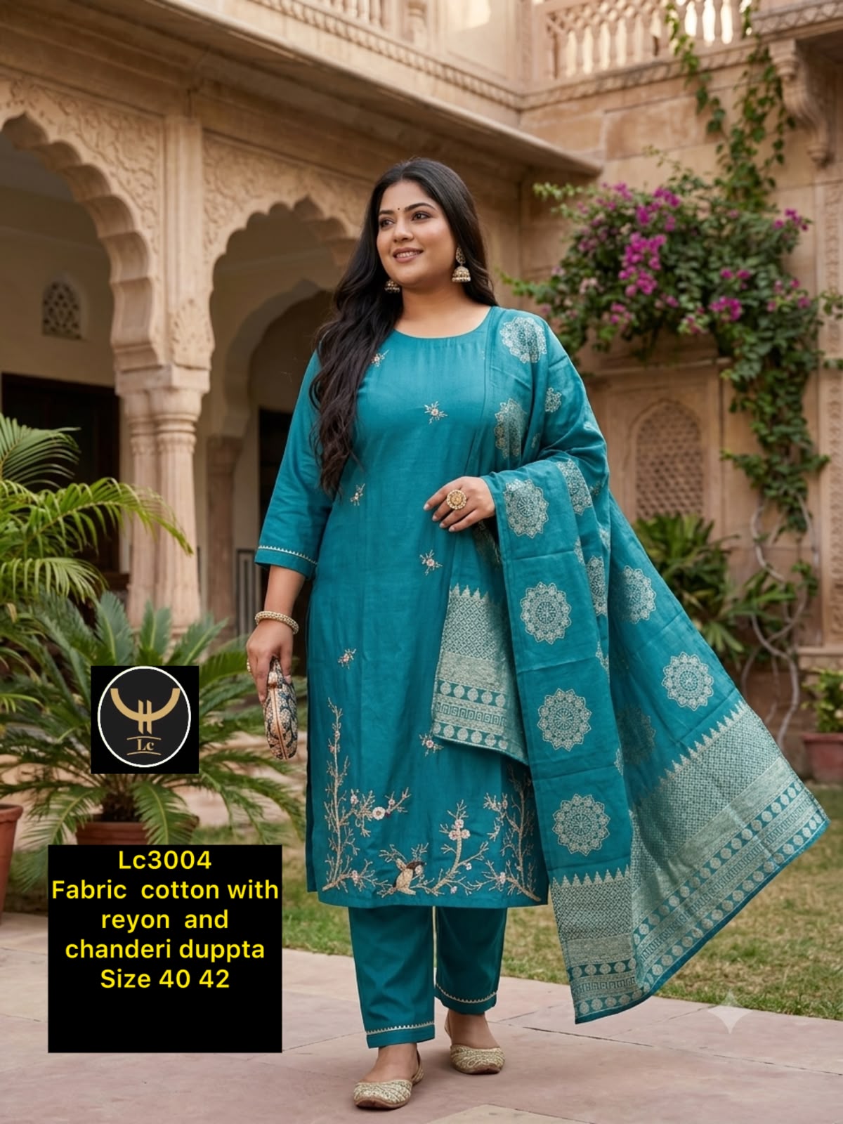 Peacock Blue Embroidered Kurta Pant Set with Chanderi Dupatta (3-Piece)