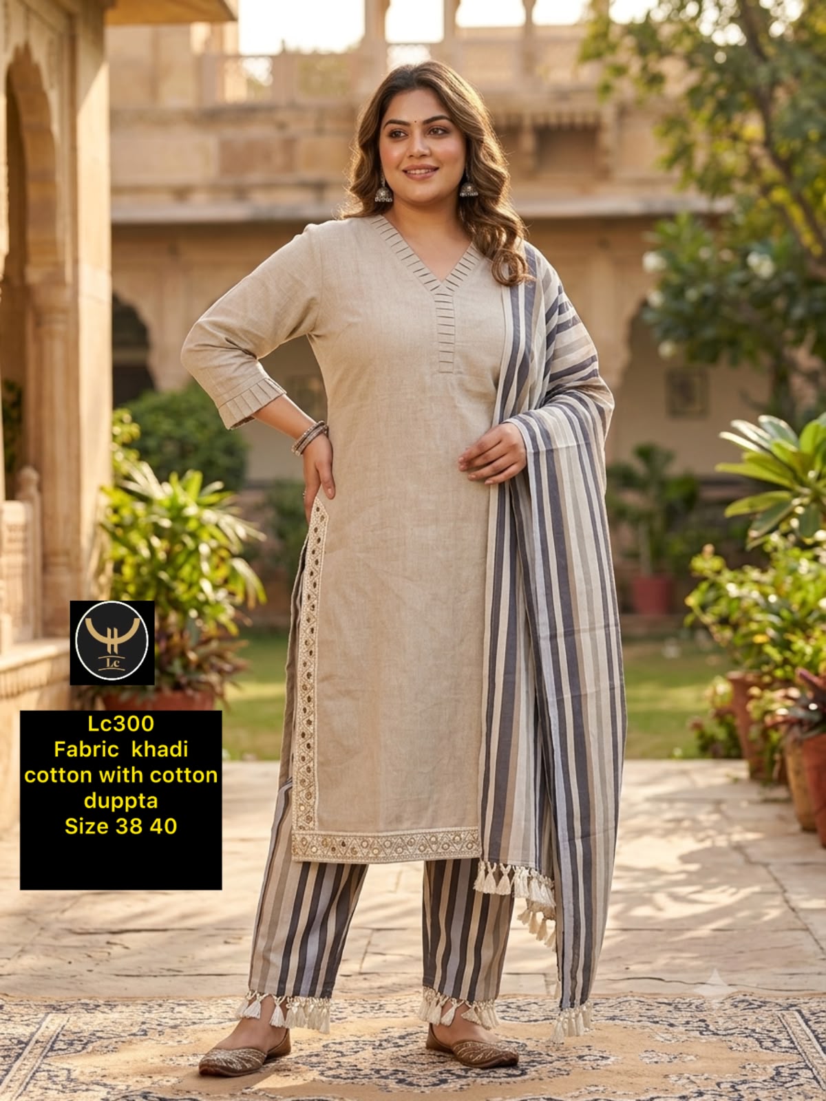 Beige Khadi Cotton Kurti Pant Set with Striped Cotton Dupatta (3-Piece)