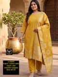 Mustard Yellow Cotton Rayon Kurta Pant Set with Woven Chanderi Dupatta (3-Piece)