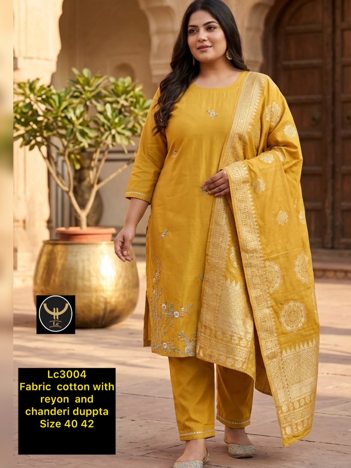 Mustard Yellow Cotton Rayon Kurta Pant Set with Woven Chanderi Dupatta (3-Piece)
