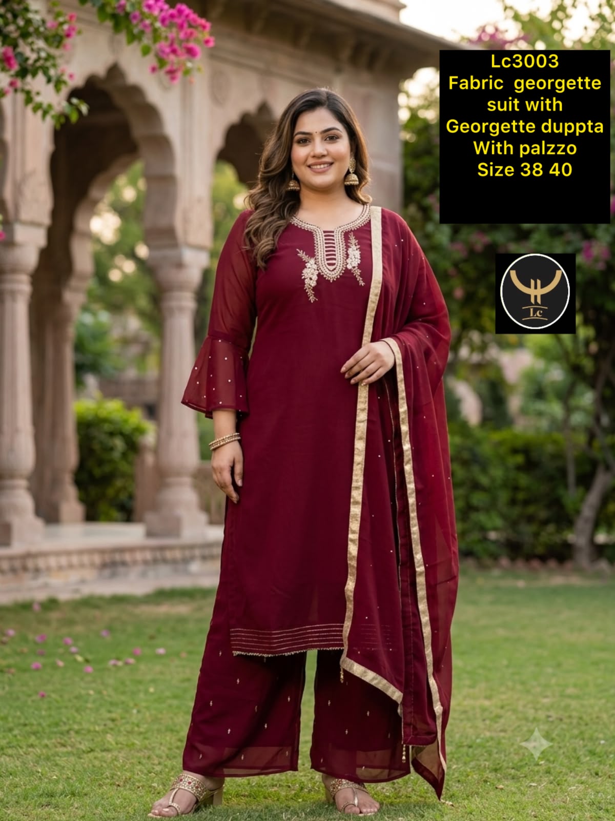 Plum Purple Embroidered Georgette Kurti with Flared Palazzo & Dupatta