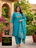 Embroidered Sky Blue Straight Kurti Trousers Set with Chanderi Dupatta