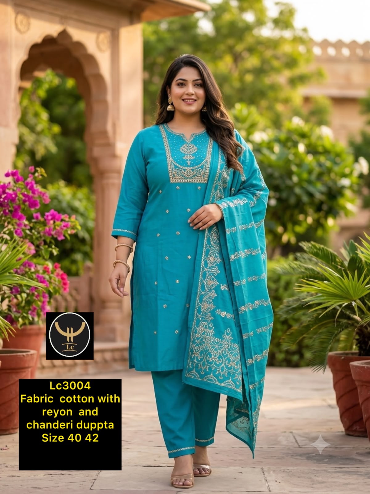 Embroidered Sky Blue Straight Kurti Trousers Set with Chanderi Dupatta