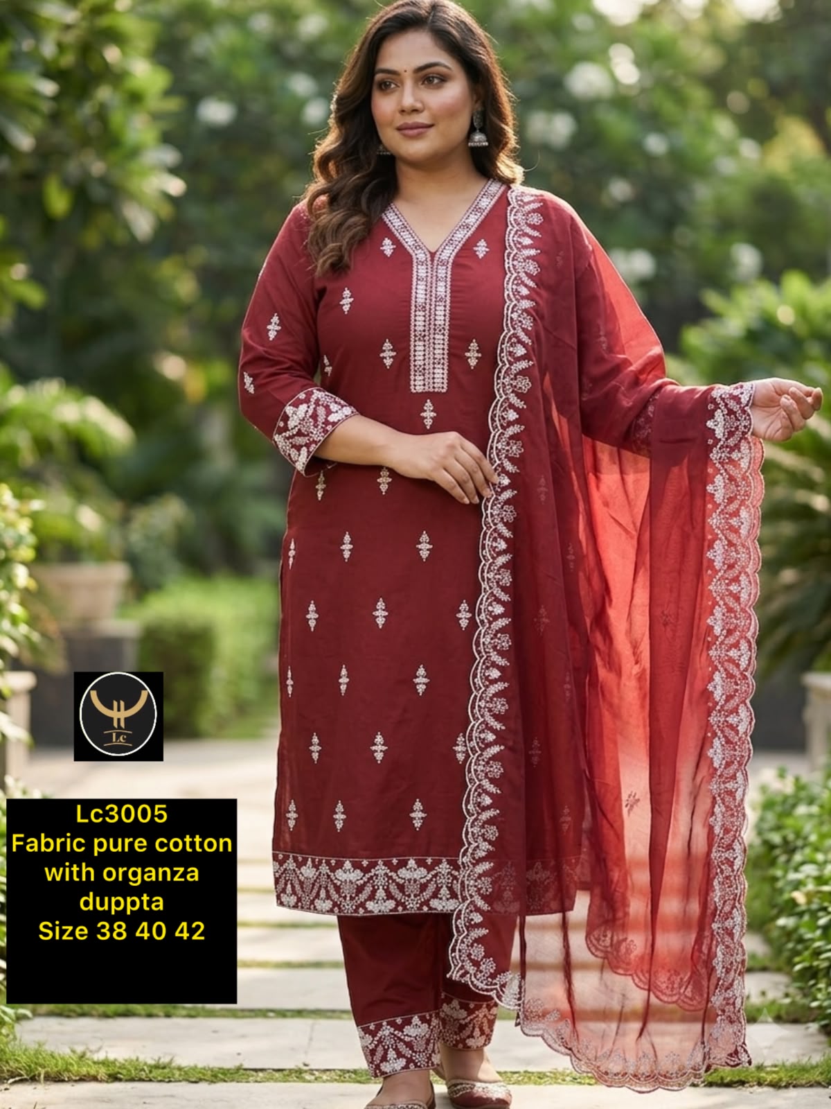 Maroon Pure Cotton Embroidered Kurta Pant Set with Organza Dupatta (3-Piece)
