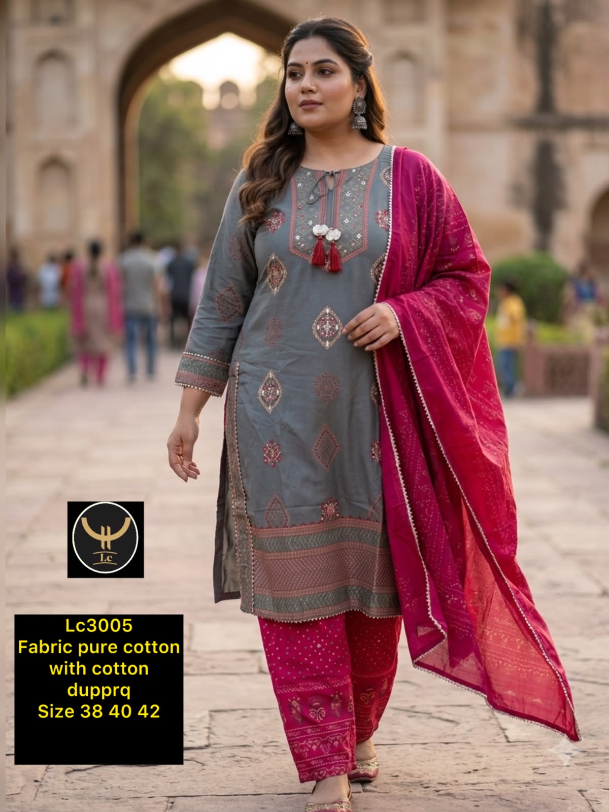 Grey & Rani Pink Pure Cotton Kurta Pant Set with Cotton Dupatta (3-Piece)