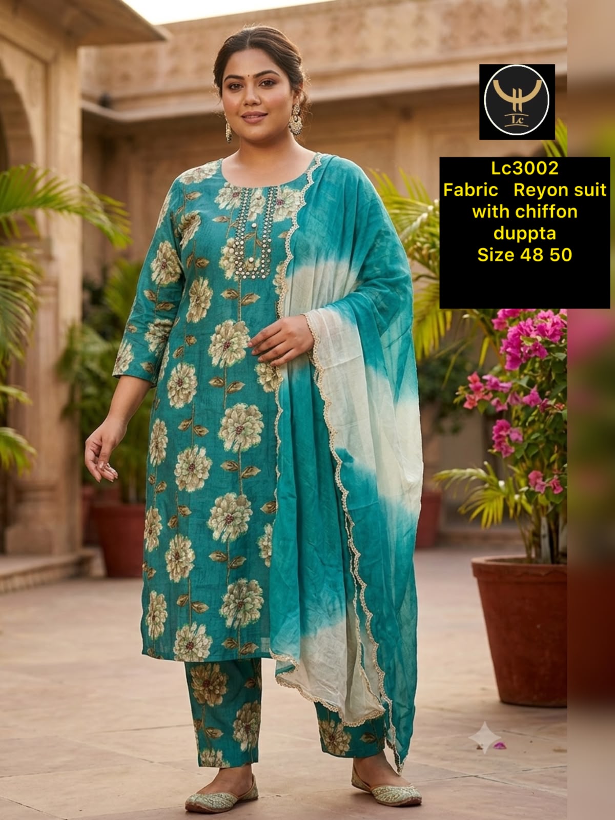 Plus Size Teal Blue Floral Printed Rayon Kurta Pant Set with Chiffon Dupatta (3-Piece)