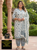 Pure Cotton V-Neck Straight Floral Kurta Set with Trousers & Full Dupatta