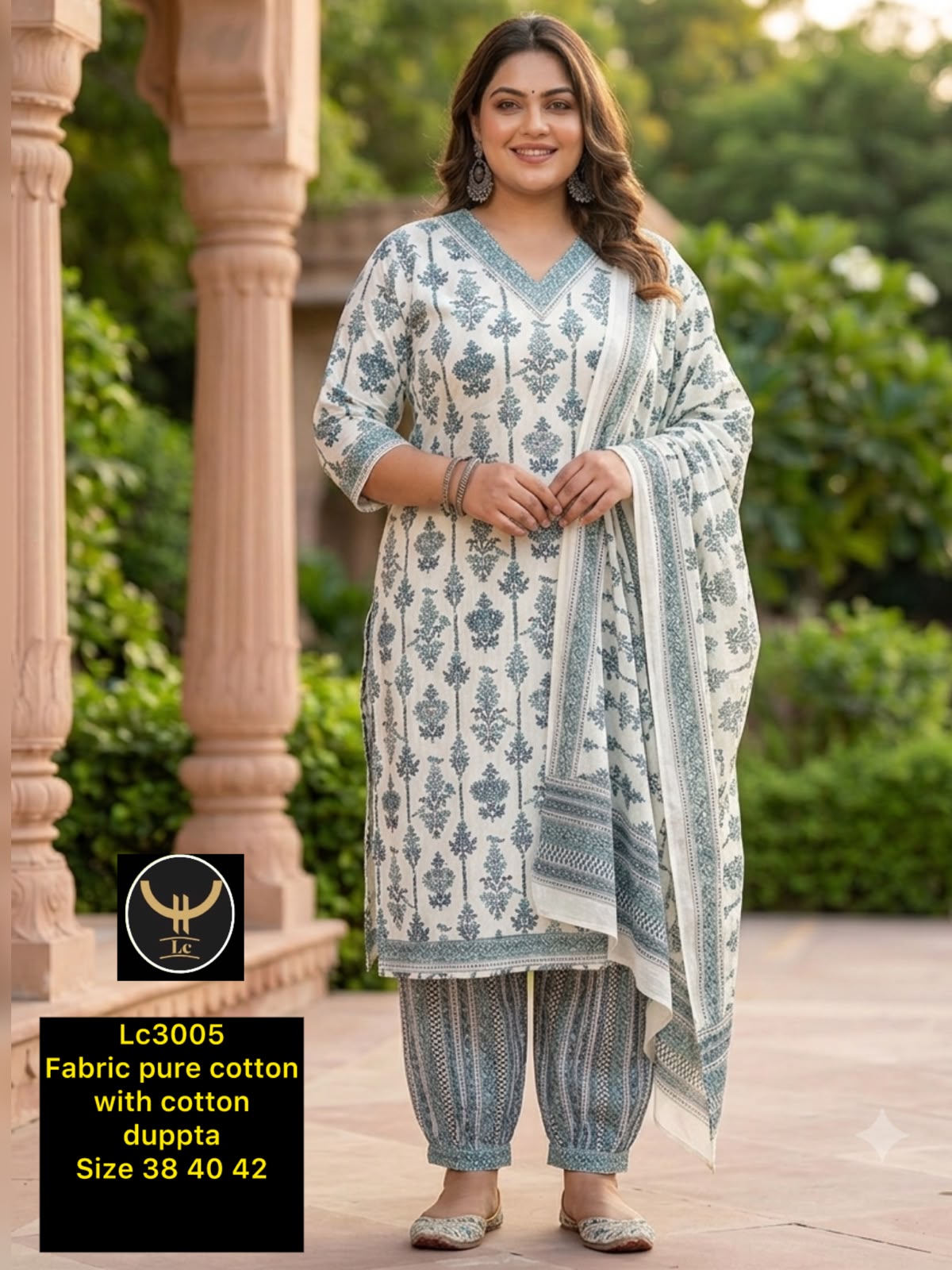 Pure Cotton V-Neck Straight Floral Kurta Set with Trousers & Full Dupatta