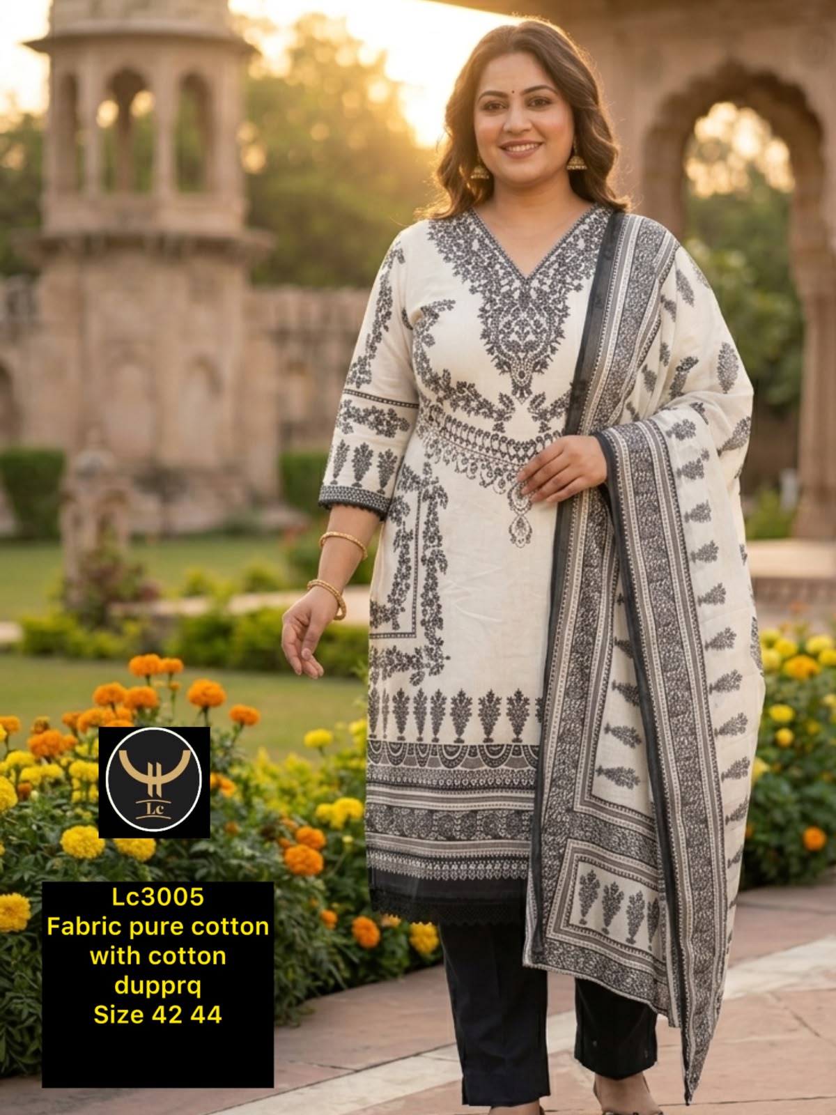 Block Printed Off-White Pure Cotton Straight Kurti with Trousers & Dupatta – LC3005