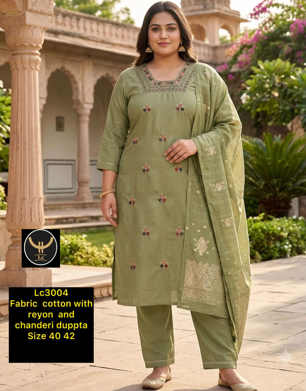 Pastel Green Cotton Rayon Embroidered Neck Kurta Set with Chanderi Stole