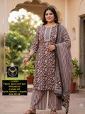 Pure Cotton Straight Printed Kurta Set with Striped Palazzo & Full Dupatta (Size 46-48)