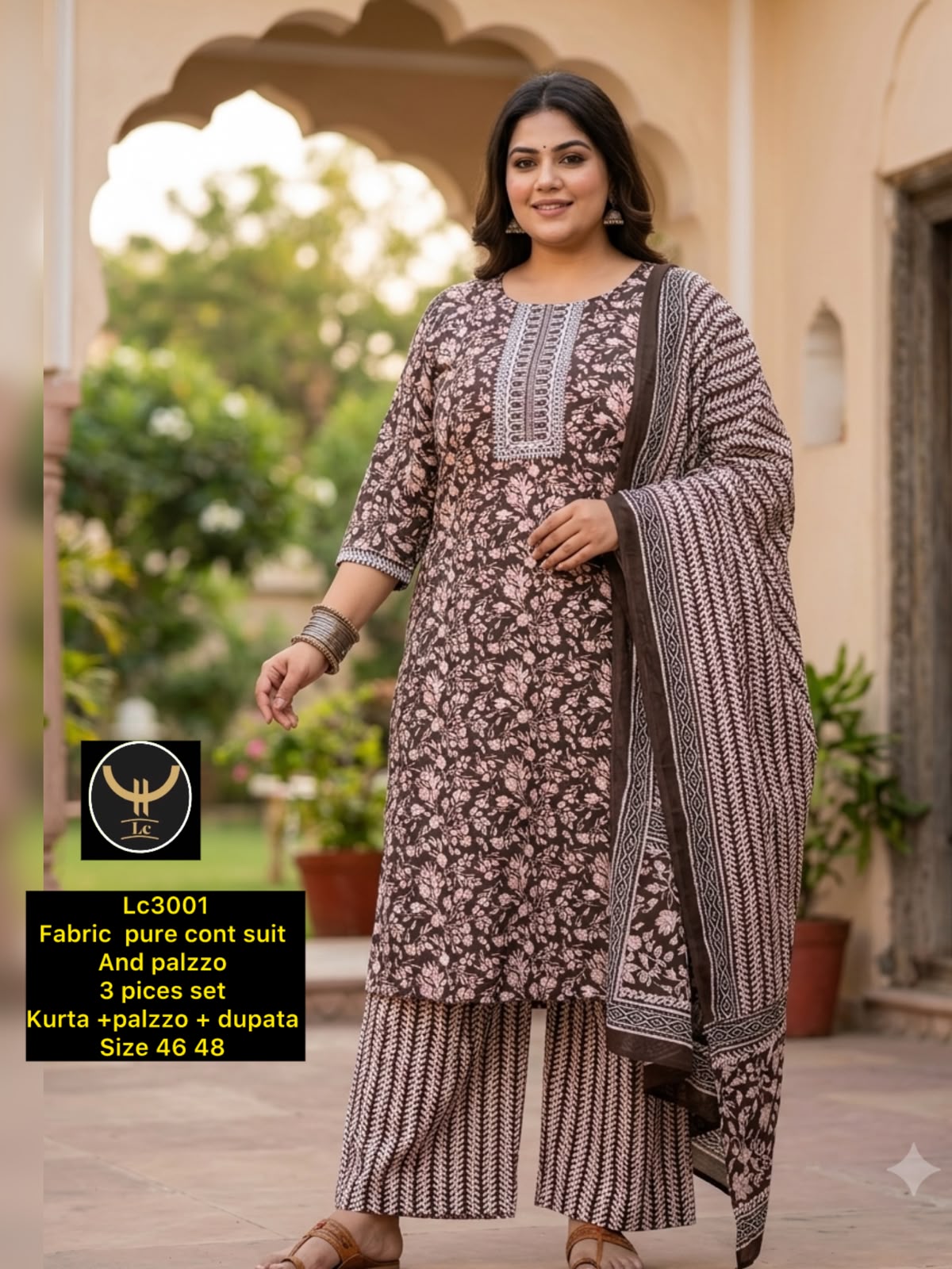 Pure Cotton Straight Printed Kurta Set with Striped Palazzo & Full Dupatta (Size 46-48)