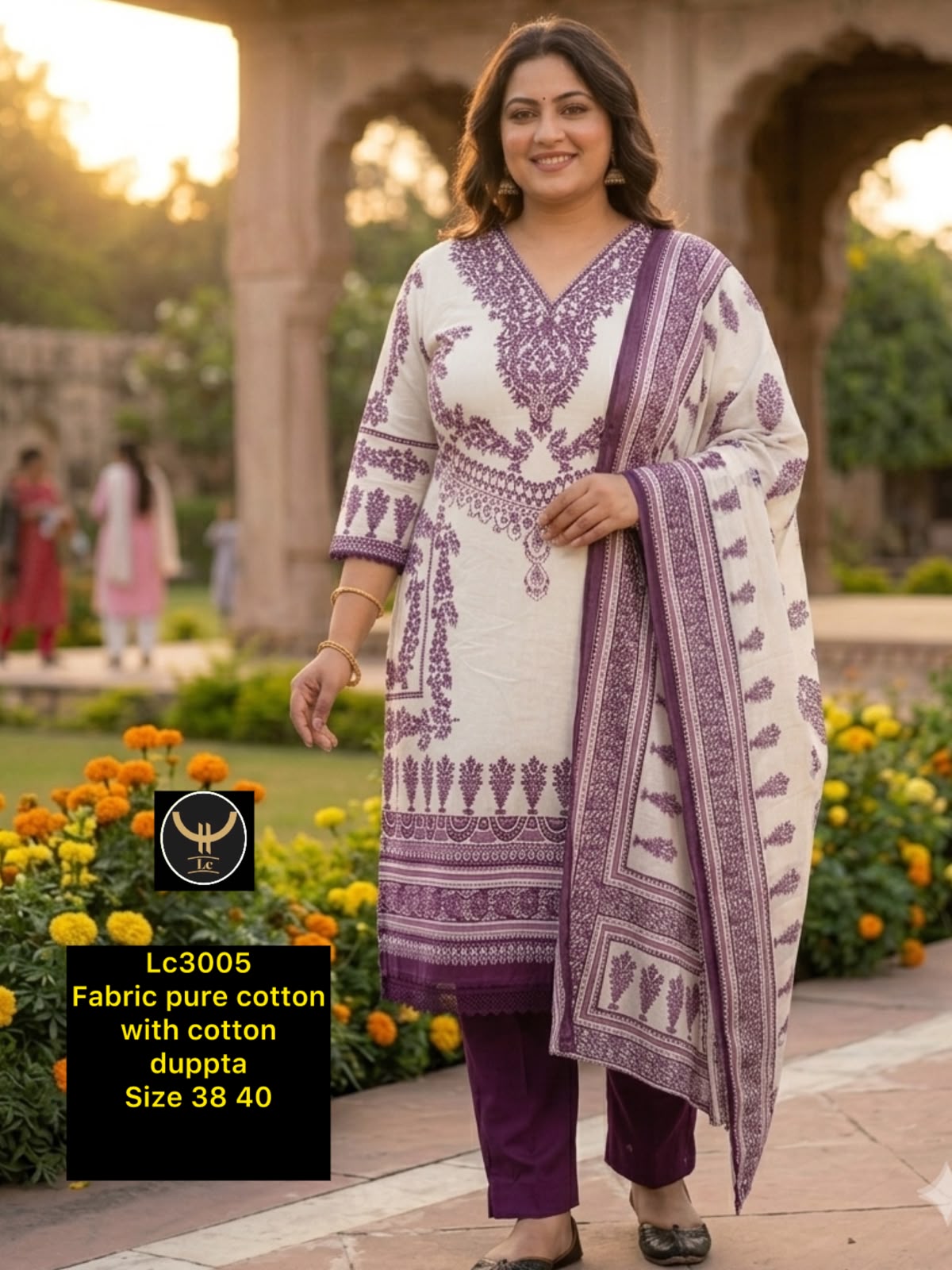 Pure Cotton Straight Printed Kurta Set with Purple Bottom & Full Cotton Dupatta