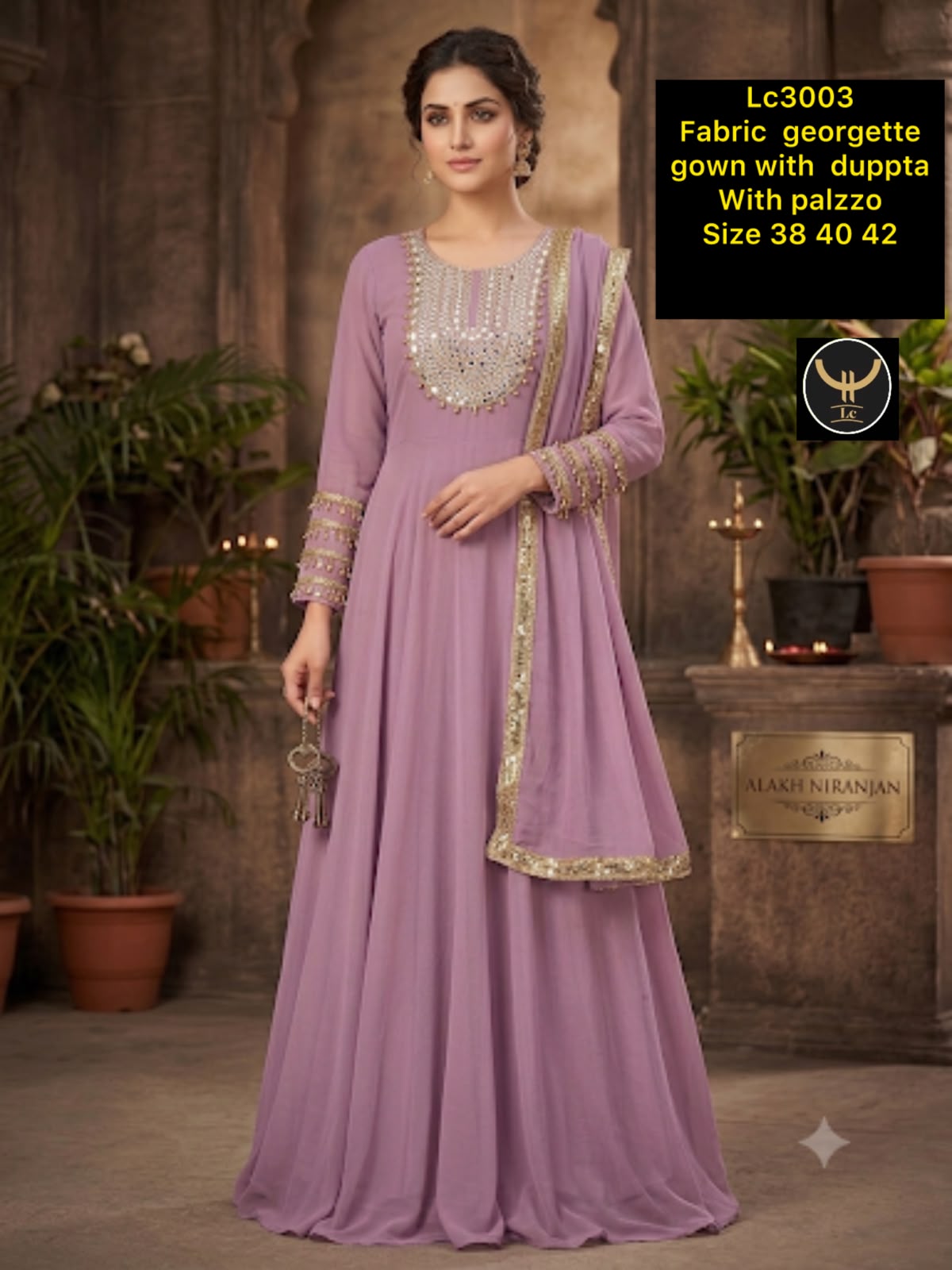 Graceful Lavender Anarkali Gown with Golden Lace Border Georgette Dupatta