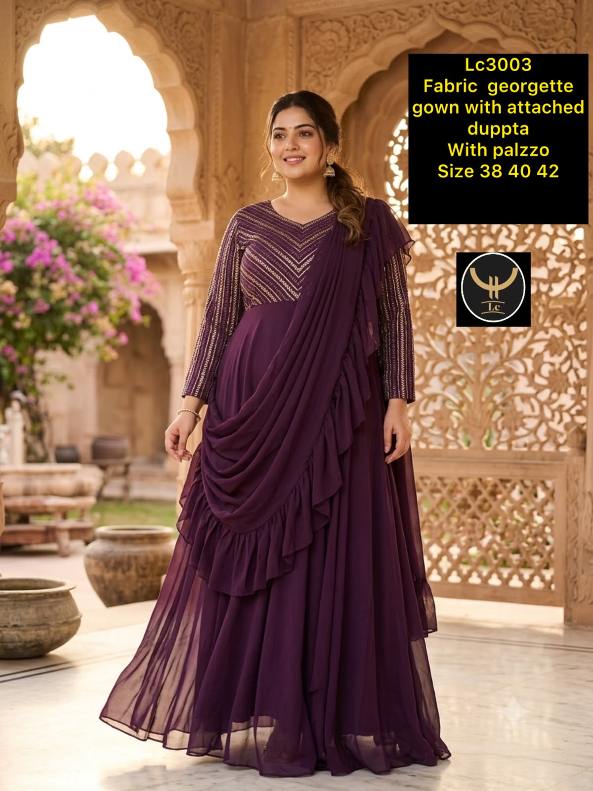 Party Wear Deep Violet Ready-to-Wear Drape Gown with Palazzo Pants