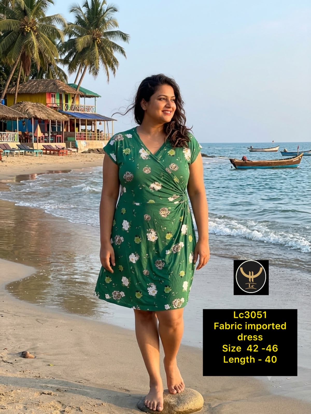 Green Floral Print Wrap Look Dress in Imported Fabric