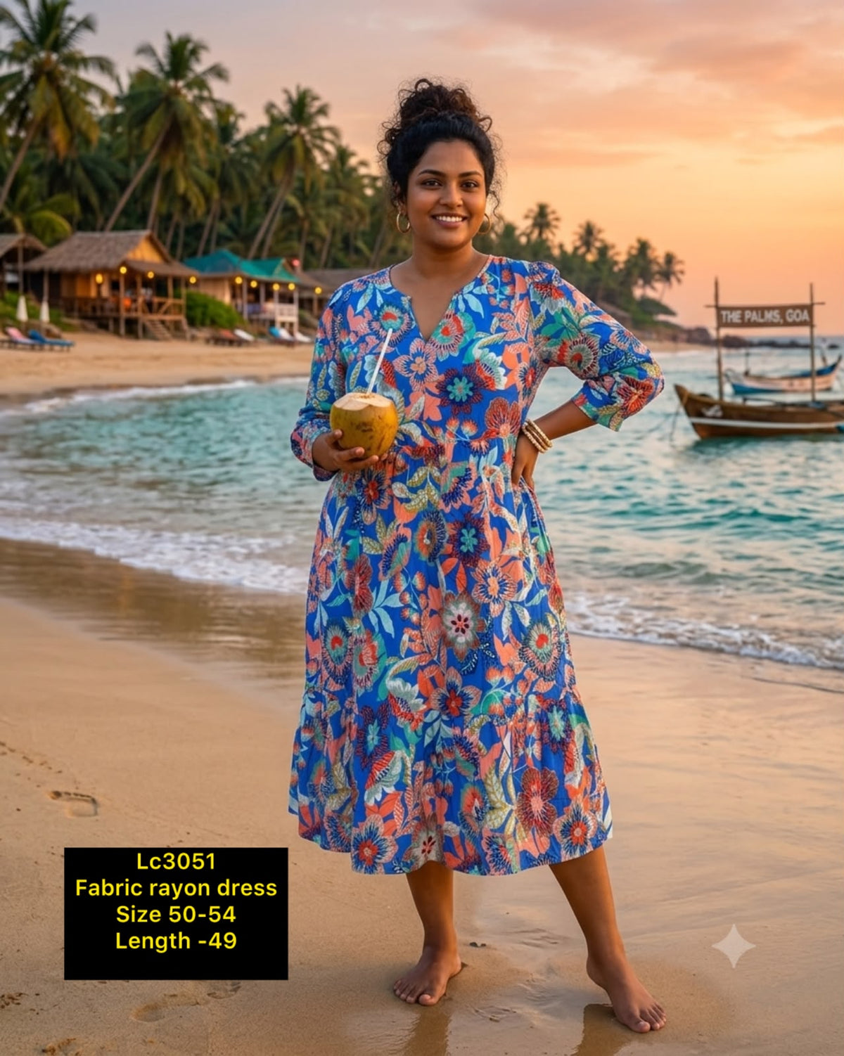 Plus Size Blue Tropical Floral Print Rayon Midi Dress