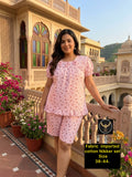 Women Imported Cotton Frill Hem Nightwear Shorts Set with Gathered Neck