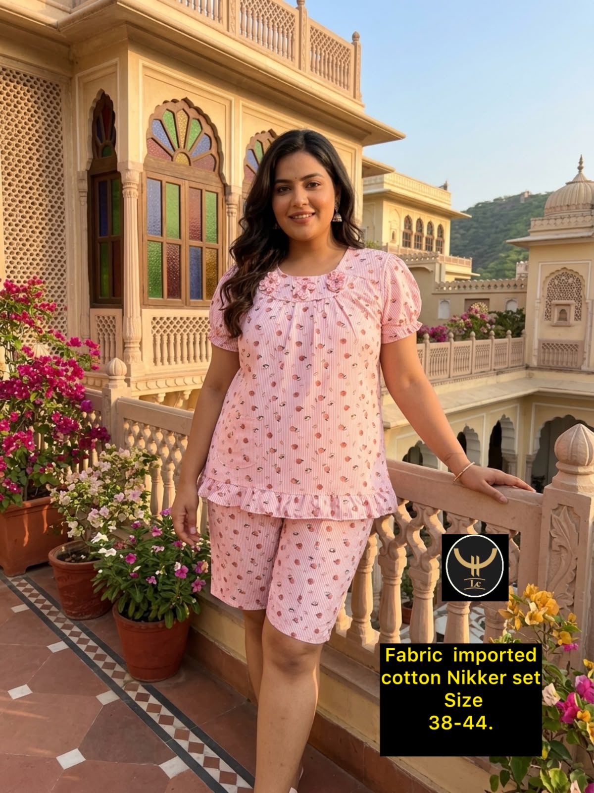 Women Imported Cotton Frill Hem Nightwear Shorts Set with Gathered Neck
