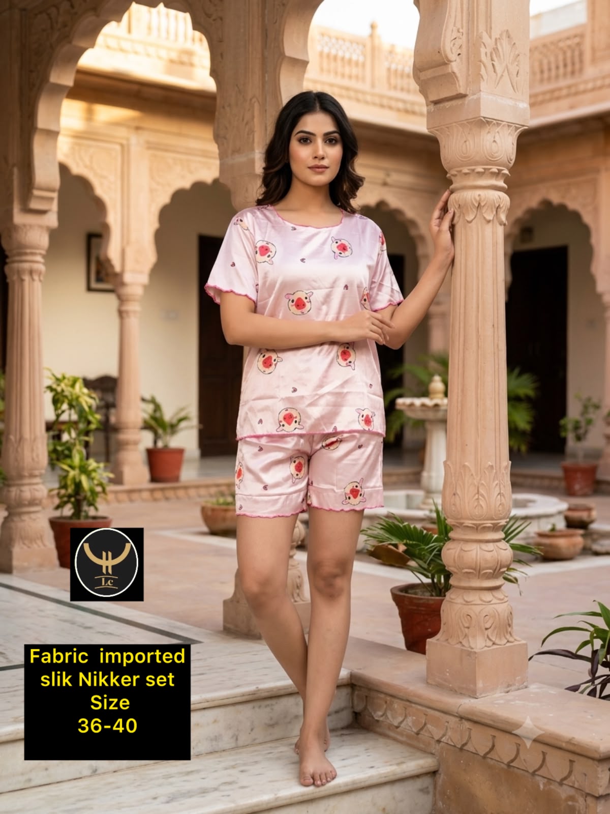 Women Round Neck Short Sleeve Imported Silk Nikker Loungewear Set
