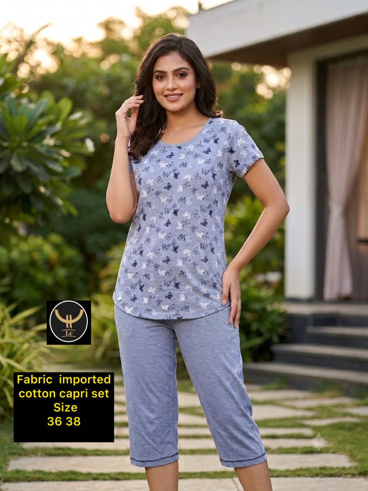 Women Imported Cotton Frill Hem Nightwear Shorts Set with Gathered Neck