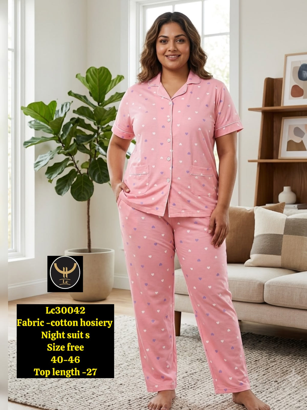 Women Stretchable Cotton Notch Collar Short Sleeve Nightwear Set with Pockets