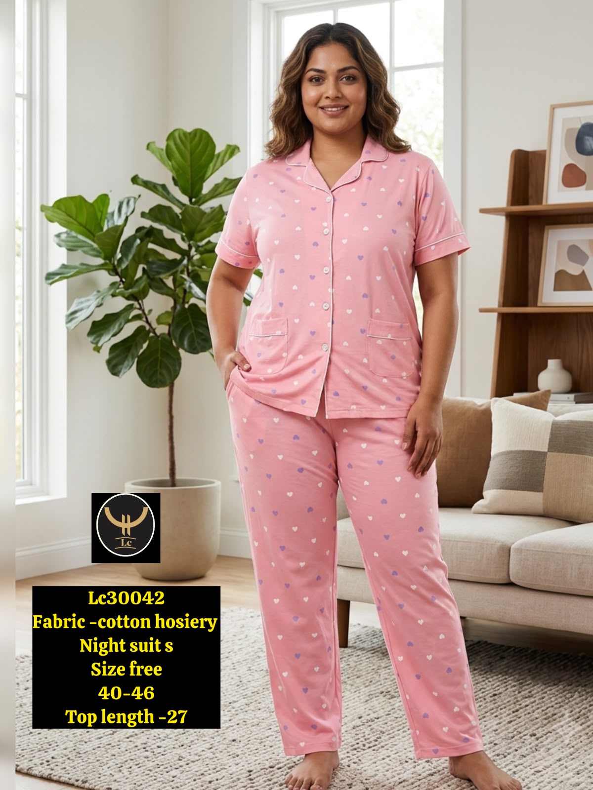 Women Stretchable Cotton Notch Collar Short Sleeve Nightwear Set with Pockets