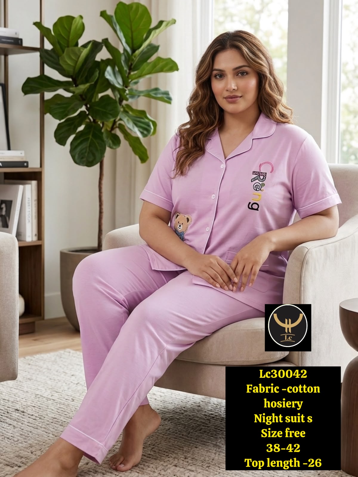 Women Stretchable Cotton Notch Collar Short Sleeve Nightwear Set with Pockets