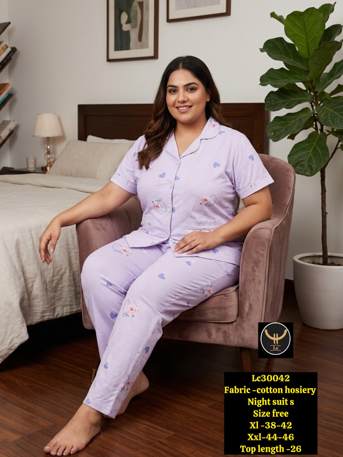 Women Stretchable Cotton Notch Collar Short Sleeve Nightwear Set with Pockets
