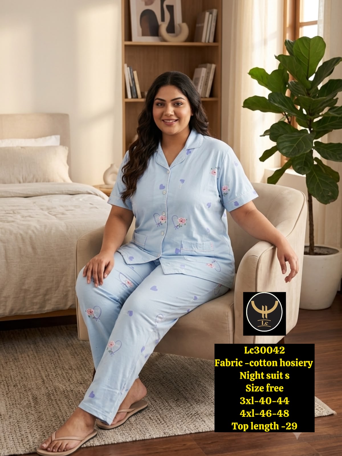 Women Stretchable Cotton Notch Collar Short Sleeve Nightwear Set with Pockets