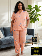 Women Stretchable Cotton Notch Collar Short Sleeve Nightwear Set with Pockets
