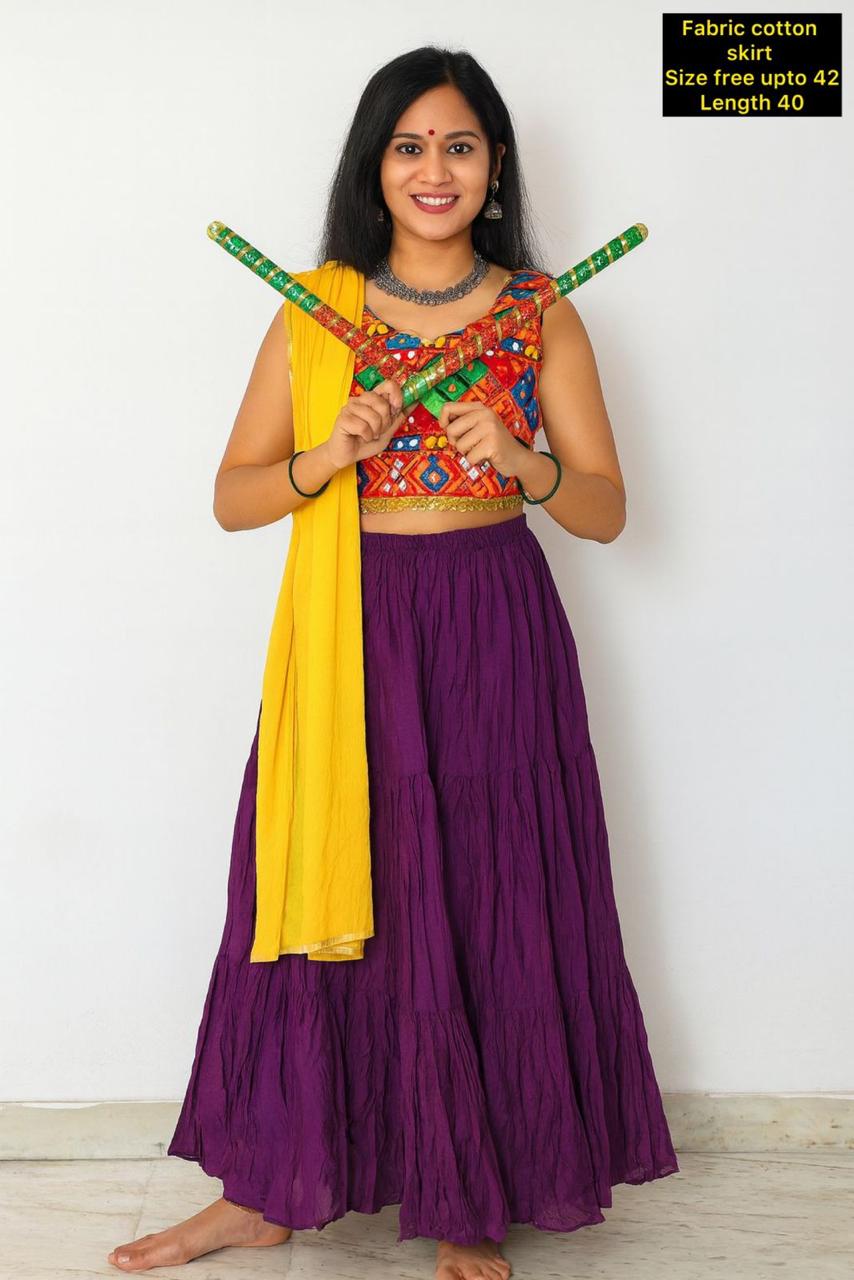 Plain Bohemian Tiered Cotton Long Ghagra Skirt for Festive & Casual Wear