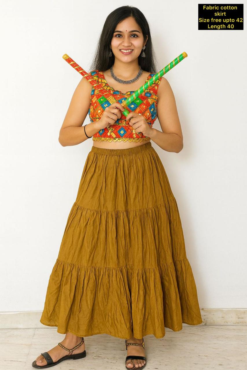 Plain Bohemian Tiered Cotton Long Ghagra Skirt for Festive & Casual Wear