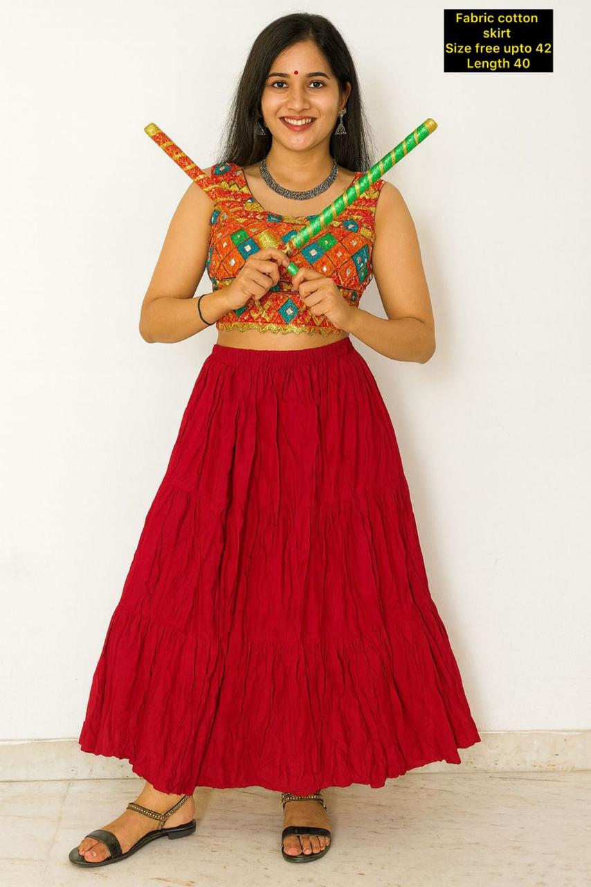Plain Bohemian Tiered Cotton Long Ghagra Skirt for Festive & Casual Wear