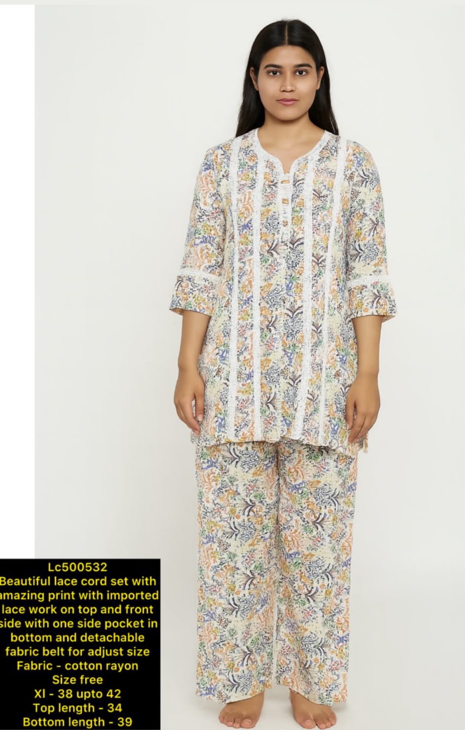 Rayon Cotton Printed Tunic & Palazzo Co-Ord Set with Lace Work