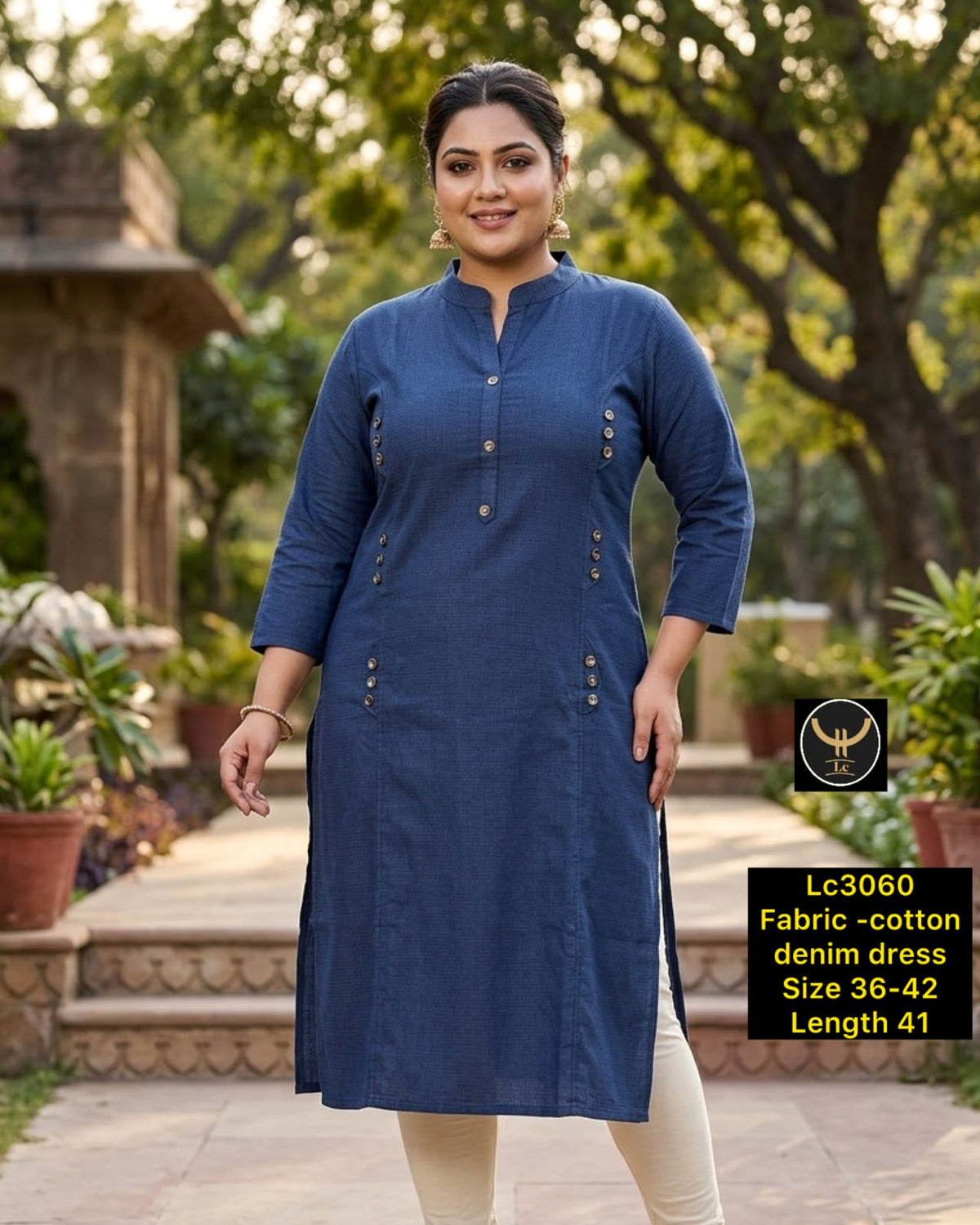 Women Mandarin Collar Cotton Denim Tunic Dress with 3/4 Sleeves & Side Slits