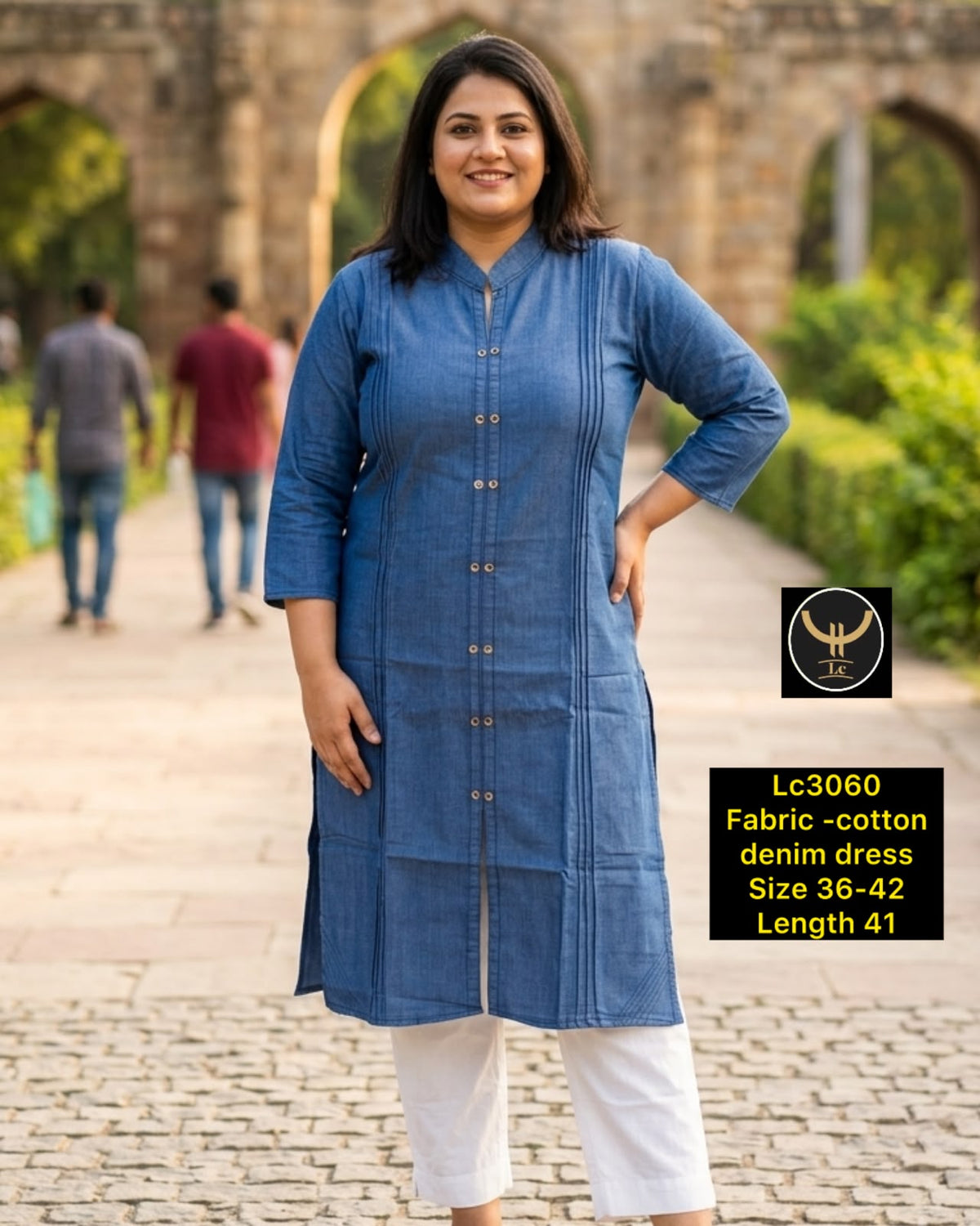 Women Mandarin Collar Cotton Denim Tunic Dress with 3/4 Sleeves & Side Slits