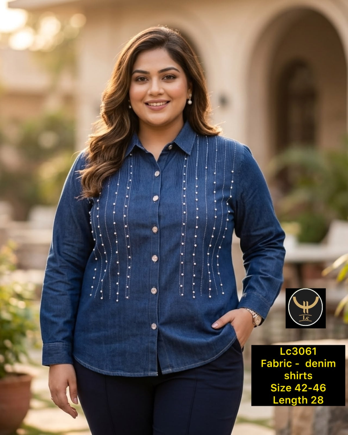 Women Collared Neck Full Sleeve Denim Shirt with Vertical Pearl Embellishment