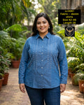 Full Sleeve Washed Denim Button-Down Western Top for Plus Size