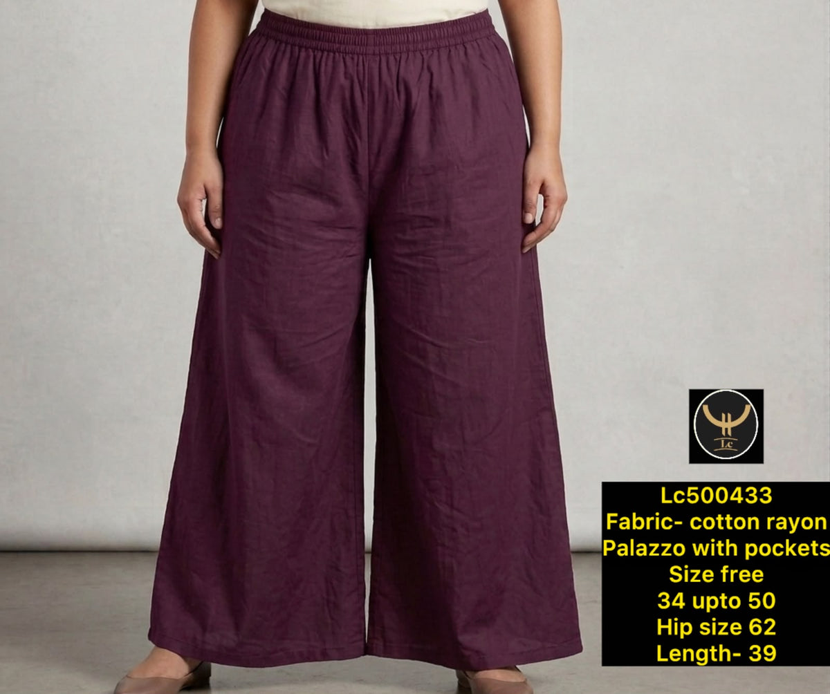 Plus Size Cotton Rayon Wide Leg Palazzo Pants with Pockets