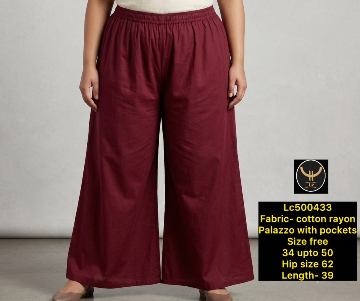 Plus Size Cotton Rayon Wide Leg Palazzo Pants with Pockets