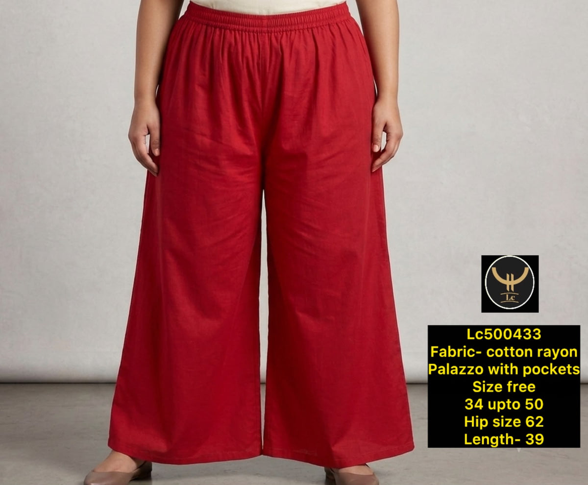 Plus Size Cotton Rayon Wide Leg Palazzo Pants with Pockets